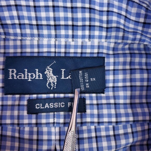 Ralph Lauren Shirt Mens 17 XL Classic Fit Blue Gingham Plaid Button Down Shirt - Picture 12 of 16